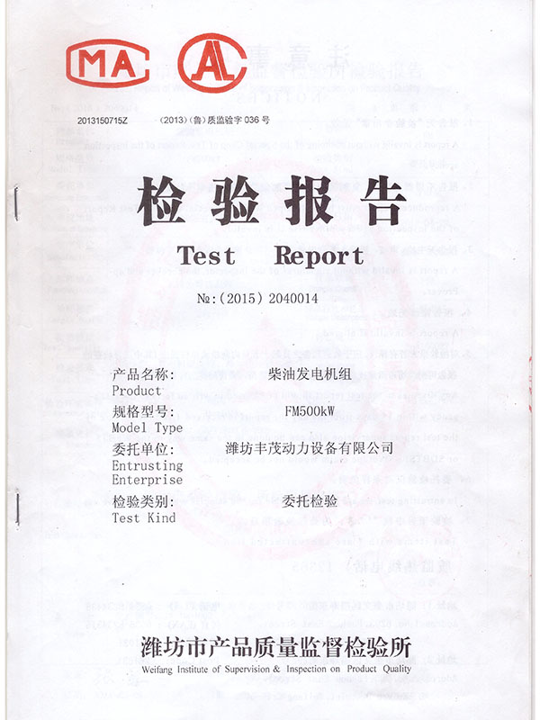 FM500KW柴油發電機組 檢驗報告
