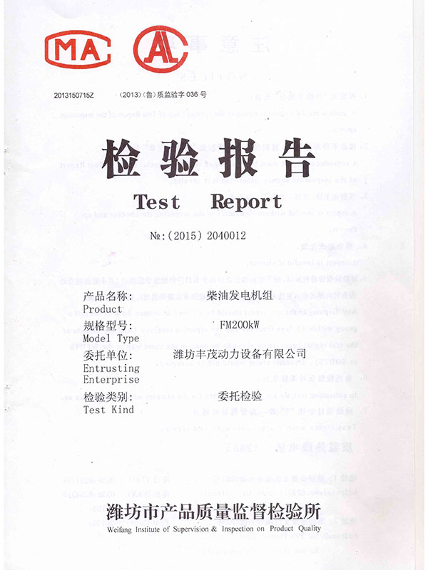 FM200KW柴油發電機組 檢驗報告